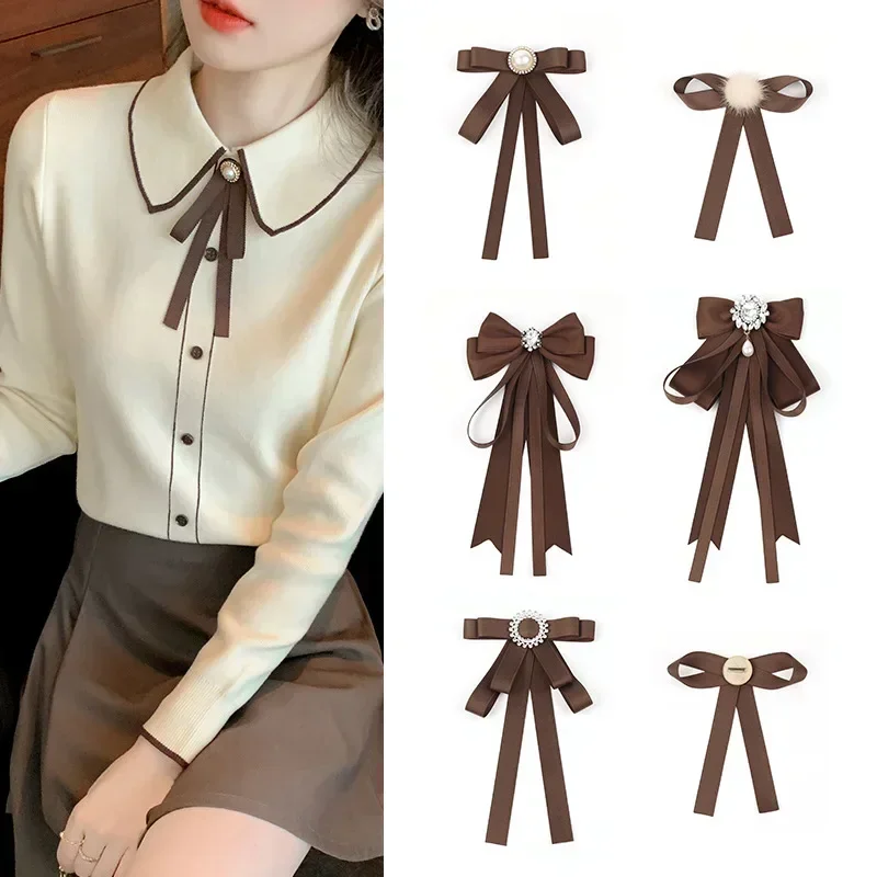 Tie Shirt Women\'s New Brooch Bow Ribbon Brown Coffee Temperament British Style Shirt Corsage Accessory Pin