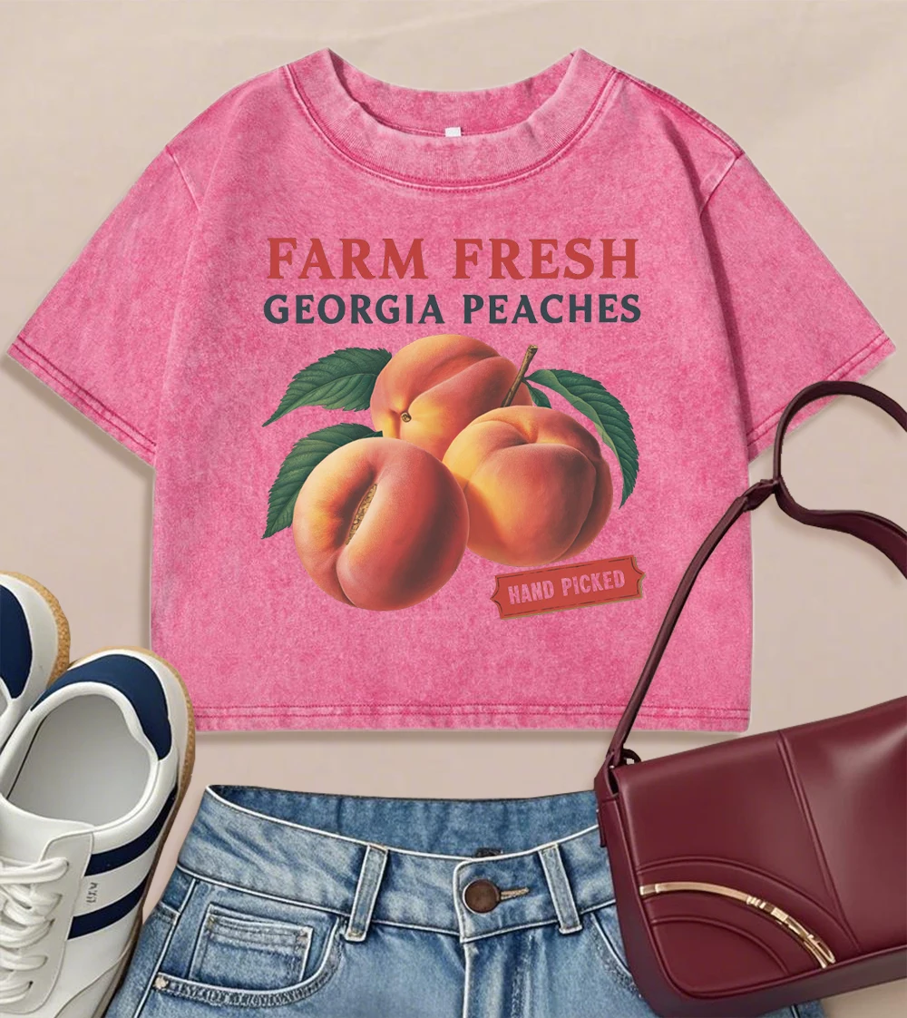 

Farm Fresh Georgia Peaches Hand Picked Washed Tee Shirt Women Crop Summer Casual Short Sleeve Cotton T-Shirt Female T Shirts