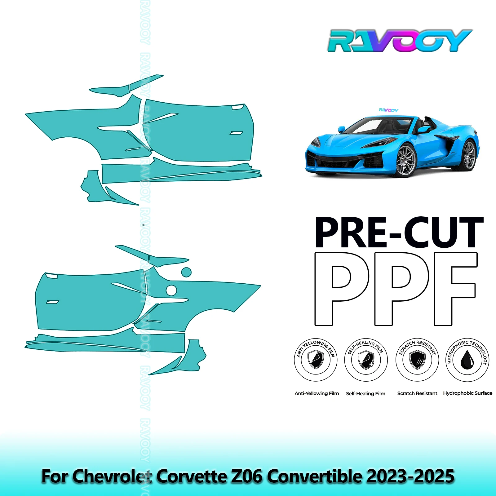 

For Chevrolet Corvette Z06 Convertible 2023-2025 8.5mil Pre-Cut PPF Door & A/B Pillar Kit TPU Paint Protection Film Set