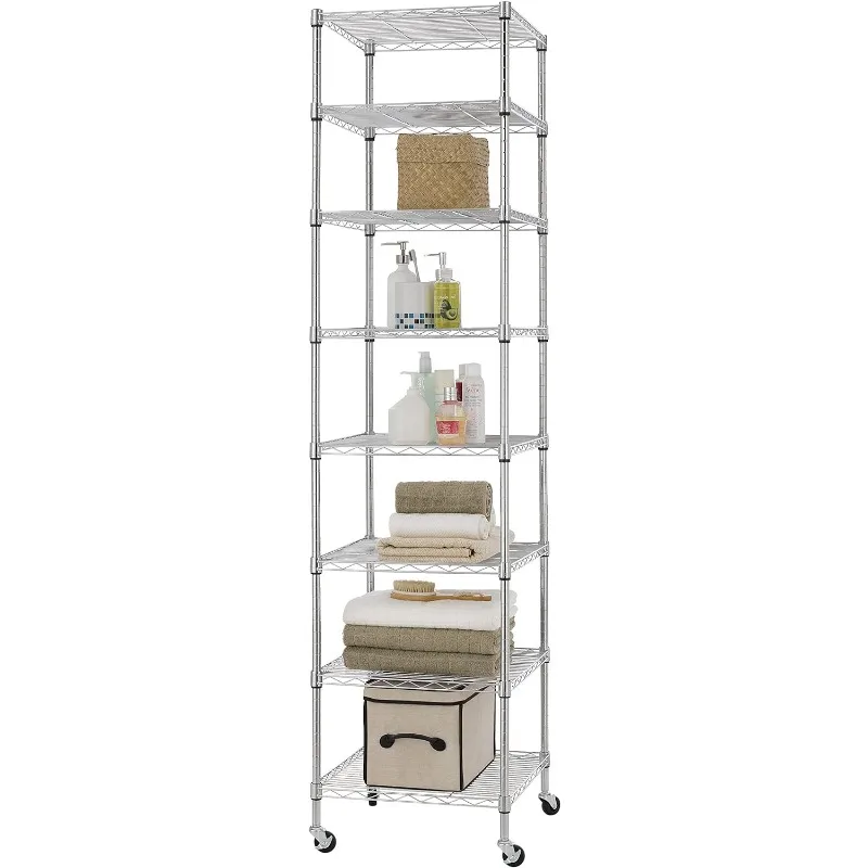 Heavy Duty 8 Tier Wire Shelving with Wheels 18x18x72.8-inches 8 Shelves Storage Rack Thicken Steel Tube, Pantry Shelves , Chrome