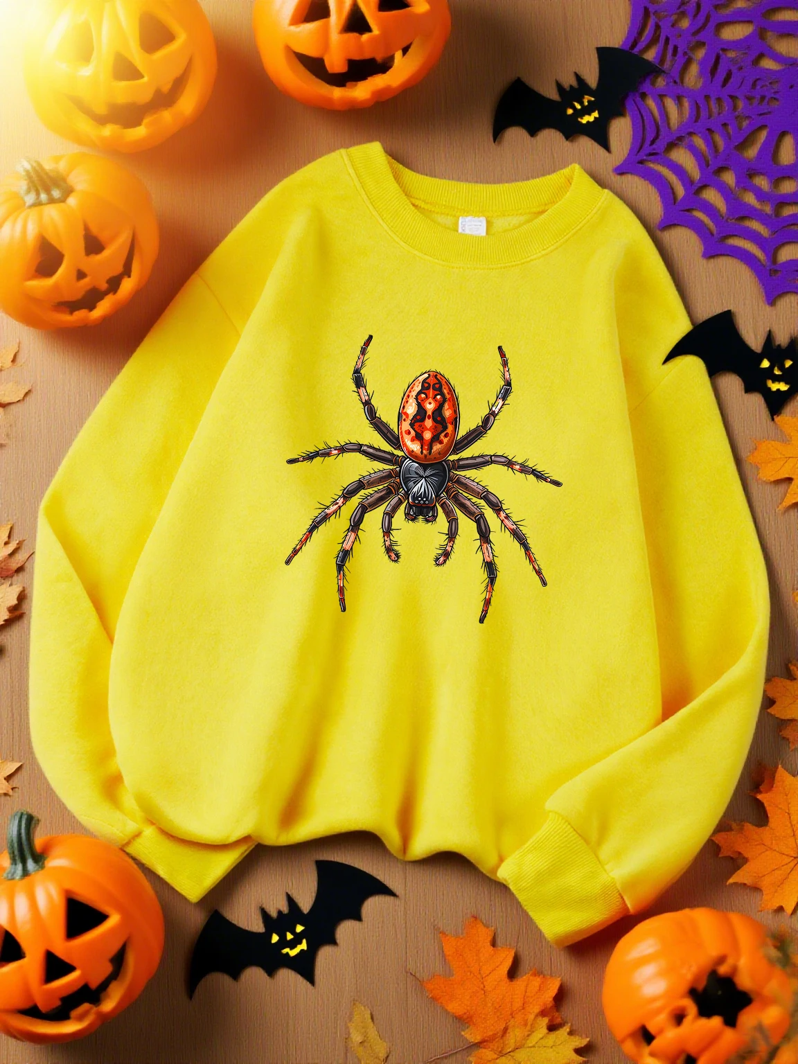 Halloween Spider Print Female Sweatshirts Casual Fleece Sweatshirt O-Neck Autumn Clothes Oversize Hip Hop Pullovers Unisex