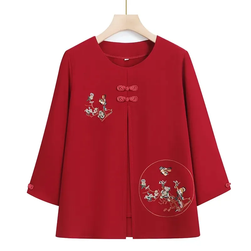 Women's Chinese Style Embroidered Top Round Neck Frog Button Three Quarter Sleeve Red Blouse Elderly Casual Summer Top