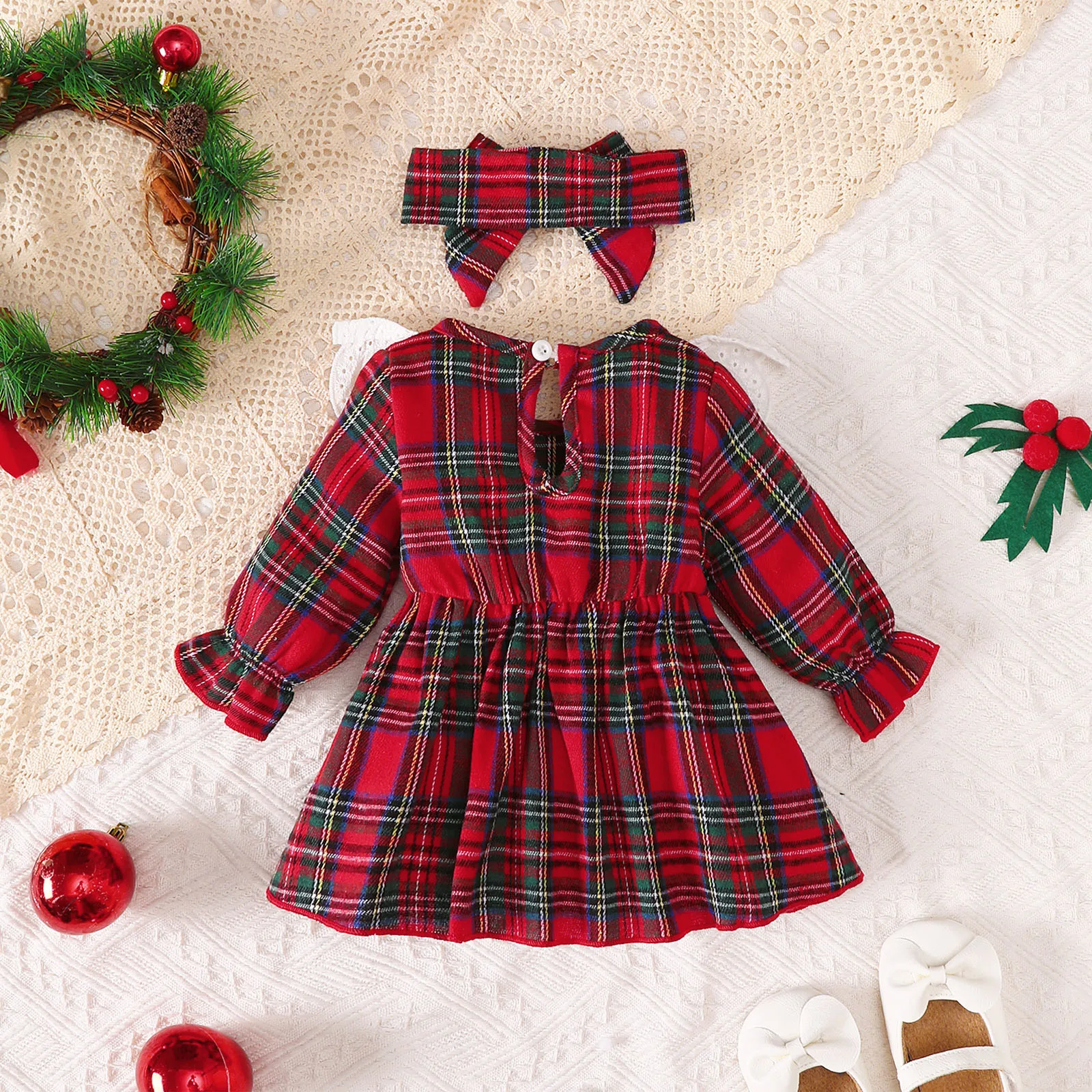 Baby Girl Christmas Dress Ruffled Plaid Long Sleeved Dress and Bow Headband Suitable 0-18 Months Baby Girl Christmas Holiday Set