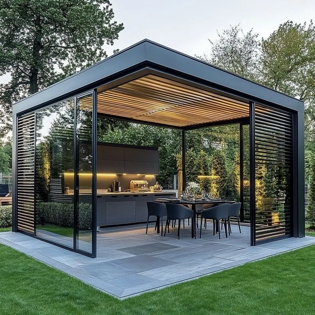 Intelligent Louvered Gazebo, Equipped with Electric Roller Blinds, Made of Waterproof Aluminum Alloy, Suitable for Courtyards.