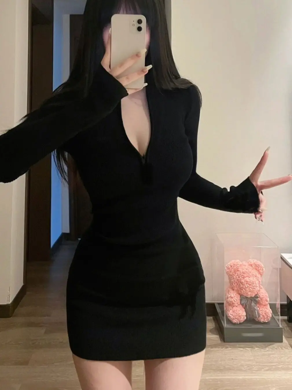 여성용 가을 겨울 블랙 섹시 롱 슬리브 탄력 지퍼 타이트 베이스 스커트 순수한 매력 섹시 걸 랩 어라운드 스커트