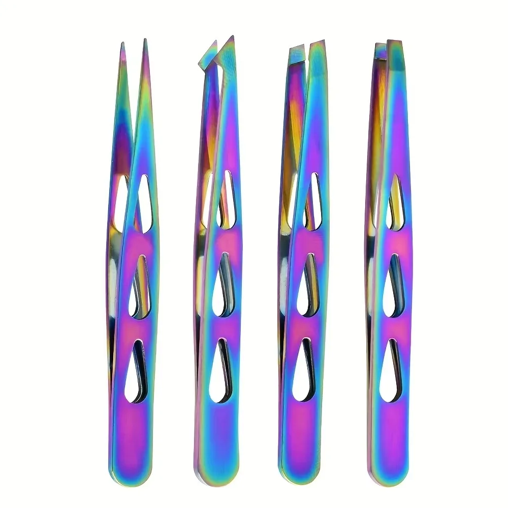 4PCS/Set Stainless Steel Eyebrow Tweezers Pointed Tip Multifunctional Beard Tweezers Portable Oblique Mouth Eyelash Tweezers