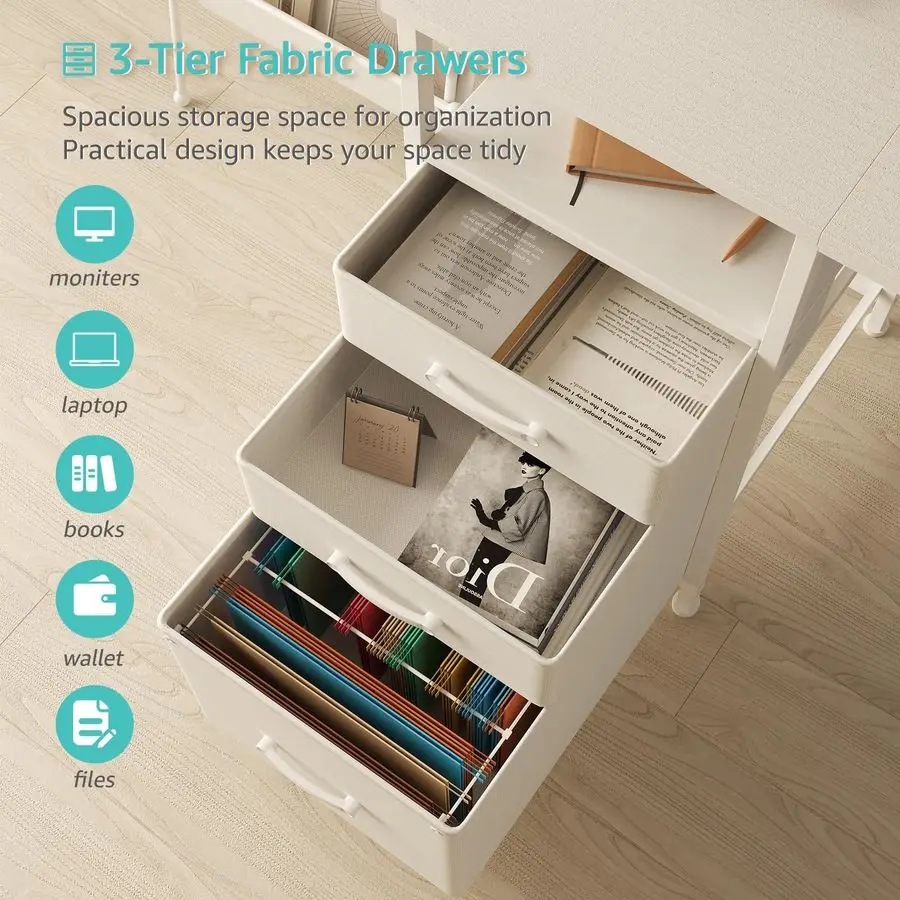 مكتب كمبيوتر أبيض مع خزانة أدراج الملفات، مكتب مكتب منزلي مقاس 55 بوصة مع أرفف حامل شاشة، مكاتب ألعاب دراسة الكتابة مع