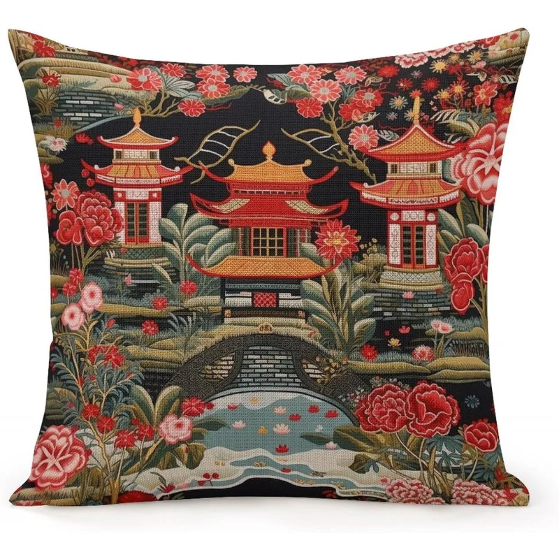 

Square Zipper Pillowcase Chinese Tree Coral Tower Decorative Pillow Cover Home Office Living Room Bedroom Chair 16x16 inches