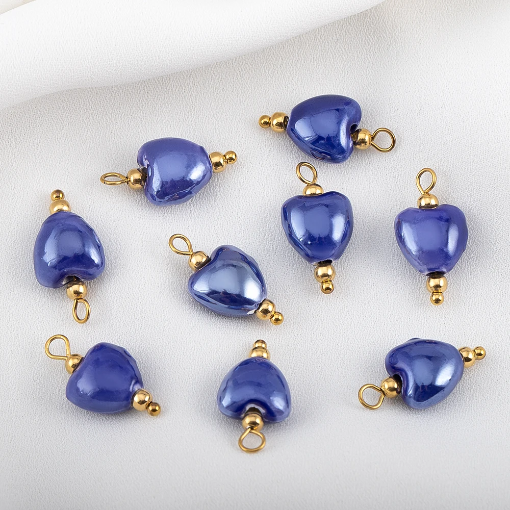 5Pcs Painted Ceramic Hoop Cylinder Bead Blue Flower Heart Pendant Stainless Steel Charm for Earring Jewelry Making Supplies