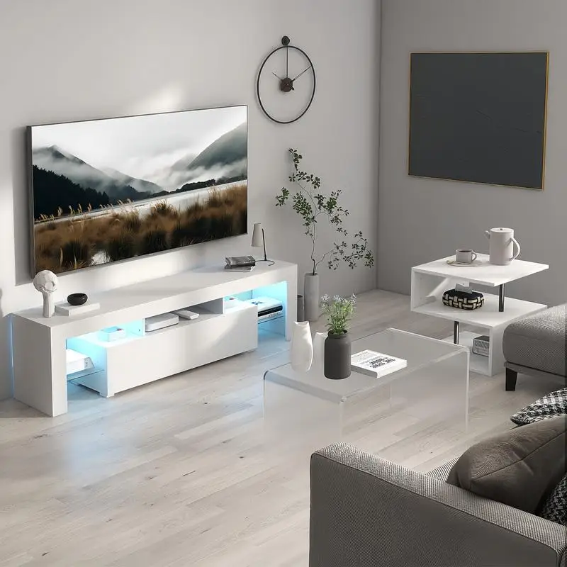 LED-TV-Ständer für Fernseher bis zu 55 Zoll, modernes Entertainment-Center mit nach unten klappbarer Tür, Glasregal und glänzendem UV-Finish, TV