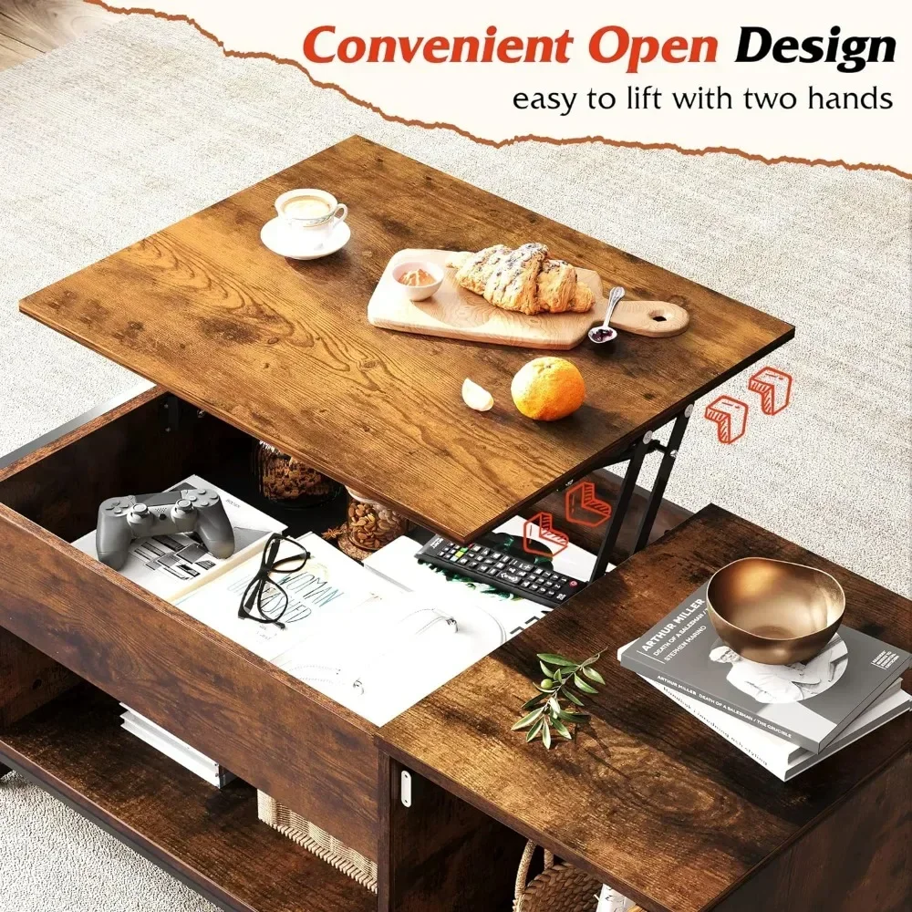 Table basse relevable avec rangement, compartiment GNE et étagère ouverte, tables de salon avec armoire à porte en maille métallique pour la maison