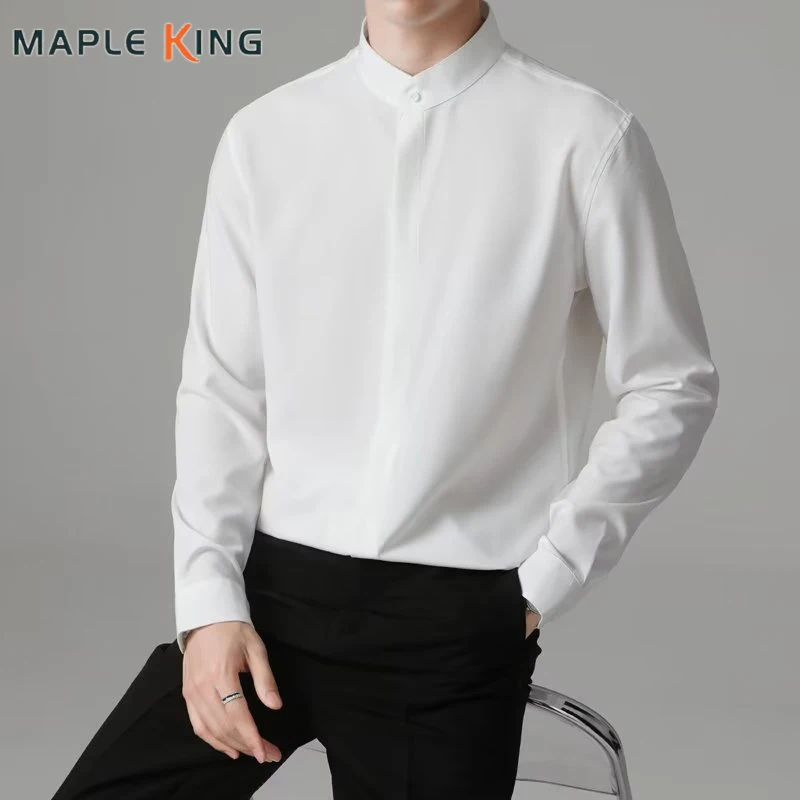 قمصان كاملة الأكمام للرجل فستان رسمي Camisa Social Masculina Luxo 2025 قميص رجالي أنيق بياقة واقفة قميص عمل اجتماعي للأعمال