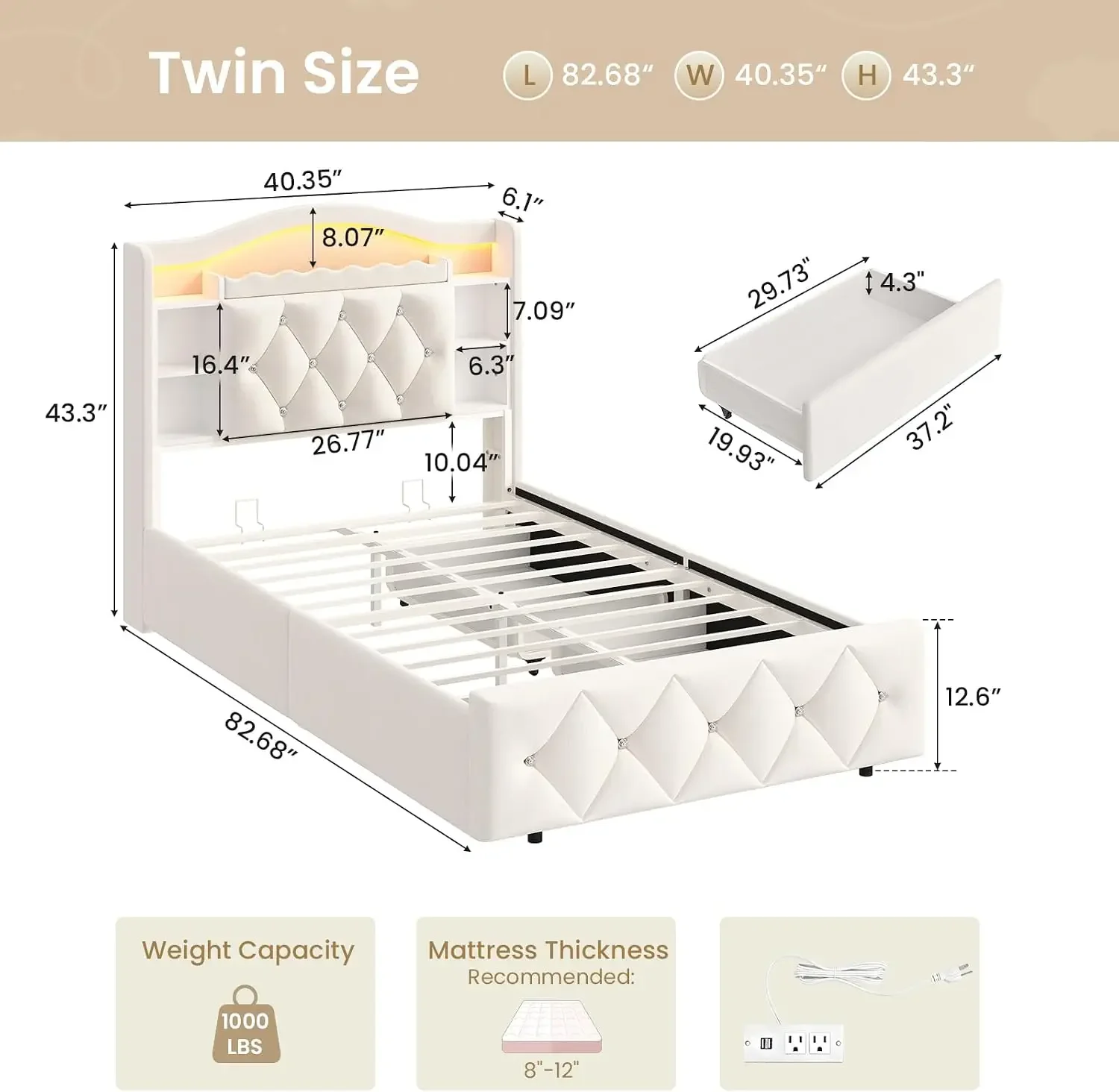 USA Stock Twin Size Bed Frame For Kids With Storage Drawers, Bookcase Headboard, Led Lights And Power Outlets, Diamond Tufted Ve