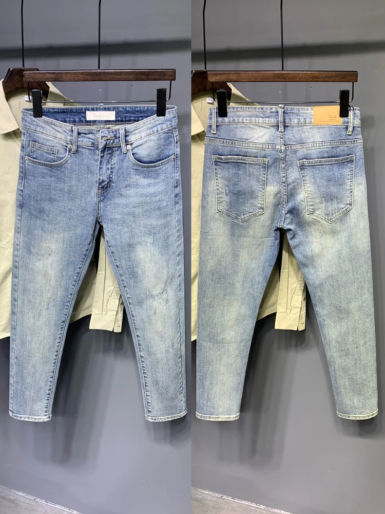 

Fall Men's Slim Fit Jeans Mid-Rise Cotton Stretch Denim Trendy American Retro Light Blue Nine-Piece Straight Leg Jeans