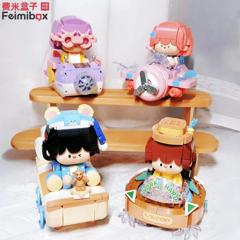 Feimibox montagem de veículos blocos de construção brinquedos bonitos ornamentos de mesa apresenta coleção quebra-cabeça pequena cena modelo tijolos
