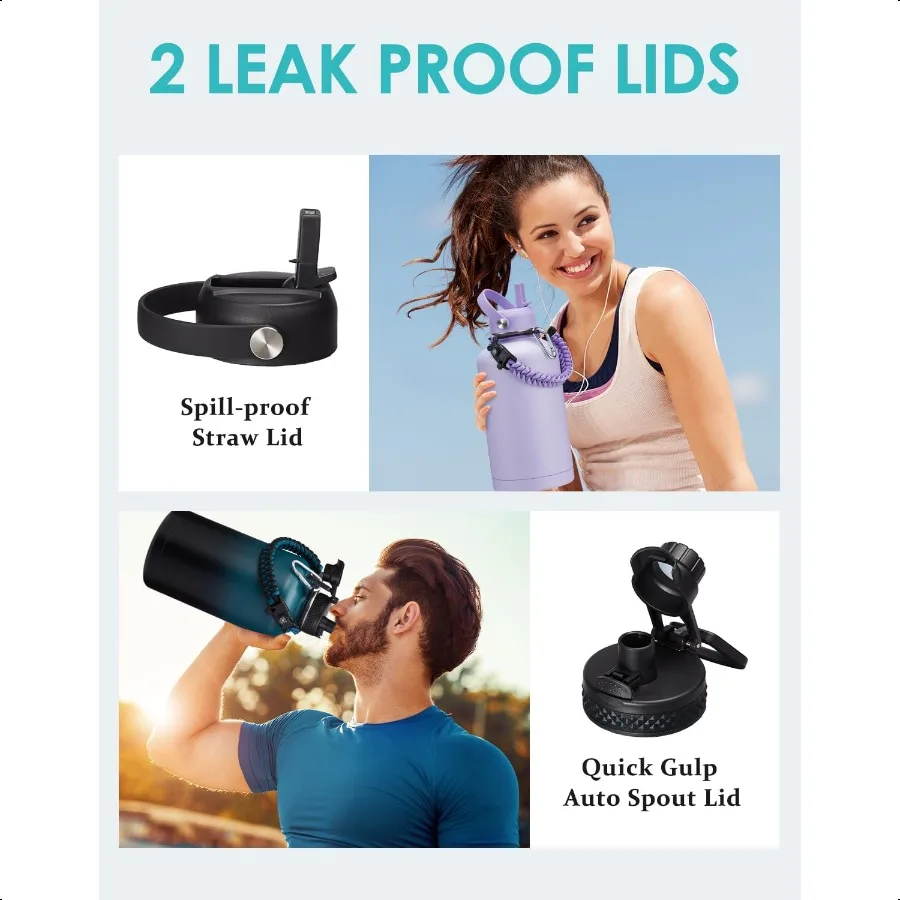 زجاجة مياه معزولة سعة 64 أونصة مع أغطية صنبور أوتوماتيكية من القش ومقبض باراكورد بنصف جالون وحزام زجاجة مياه وحامل أحذية واقية مع