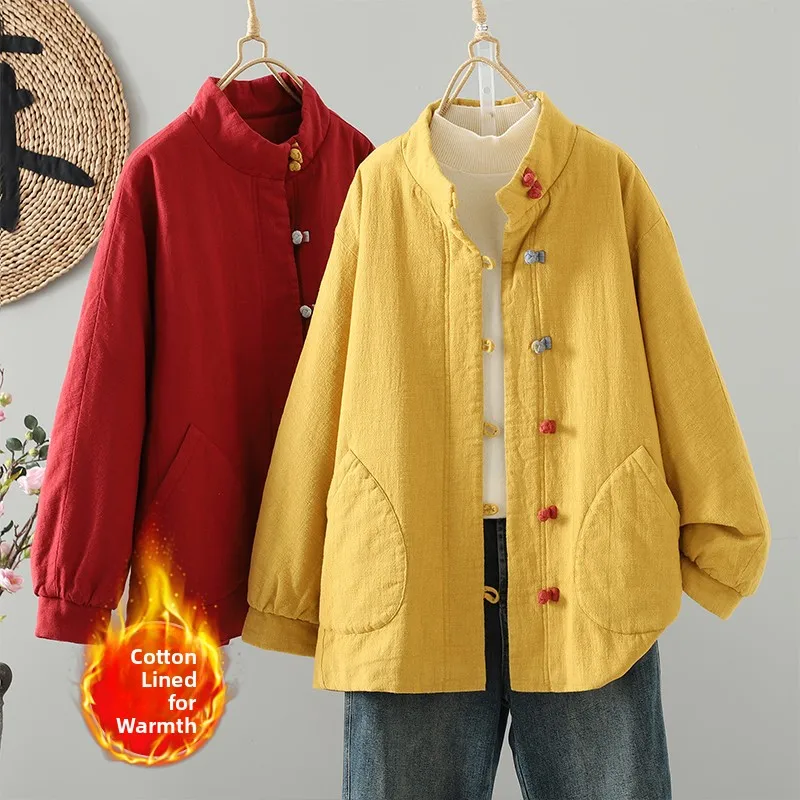 

Retro Ethnic Sle Button Warm Cotton Jaet Women's Winter New Thiened Loose Versatile Cotton Coat Outerwear