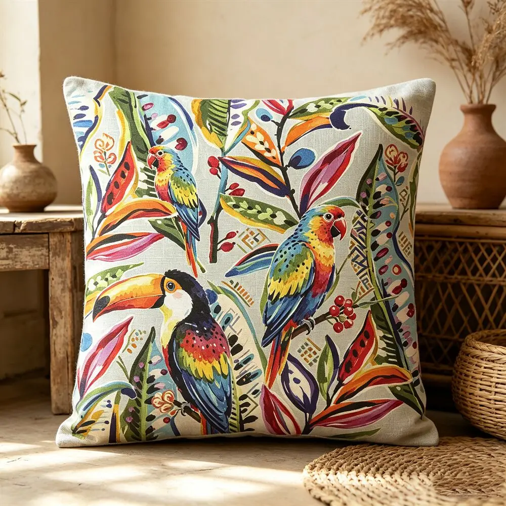 Watercolor Tropical Jungle Cushion Cover 45*45 Boho Parrot Frog Mushroom Print Decorative Throw Pillow Case For Home Sofa Decor