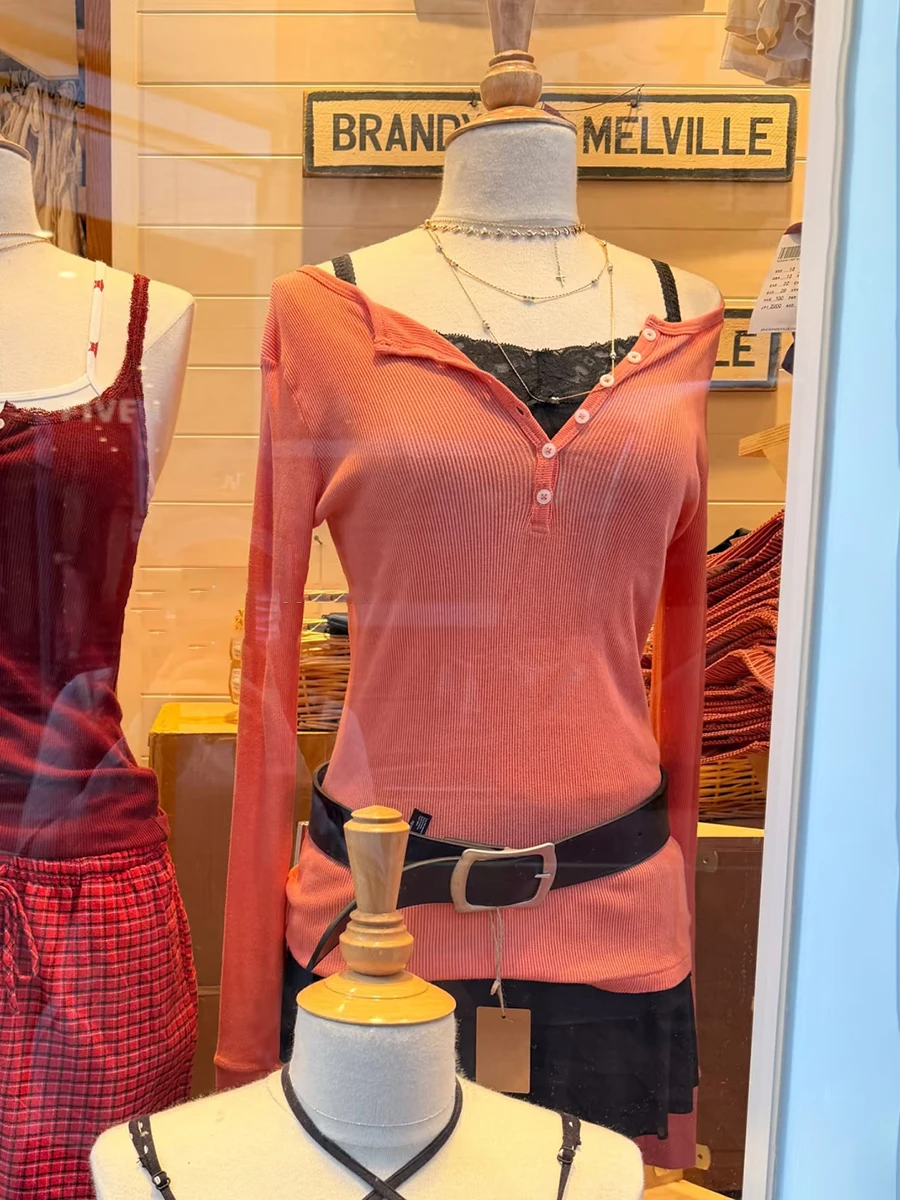 

Новые оранжевые тонкие футболки в рубчик с длинными рукавами, женские осенние хлопковые футболки с круглым вырезом и шестью пуговицами Y2k, уличная однотонная винтажная футболка, топы