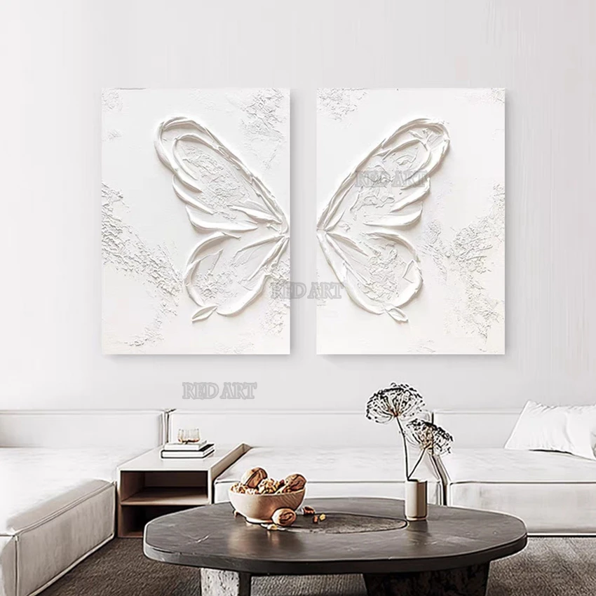 Thickness White 2 Pieces Group Hand Painted Abstract Oil Painting Wall Hang Poster  Texture Luxury Art For Hotel Porch Decor