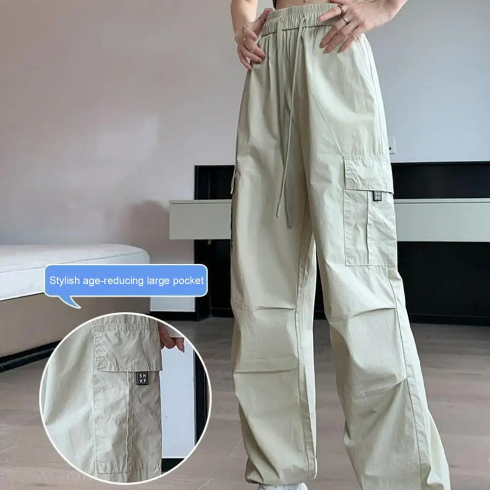 

Solid Color Trousers Polyester Pants Comfortable Wide Leg Cargo Pants for Women Elastic Waist Trousers for Wear Stylish Straight