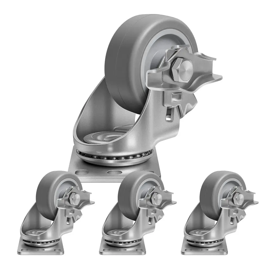 

3 Heavy Duty Industrial Casters Set of 4, Non-Marking Rubber, 1000 lbs Capacity, 4 Brake