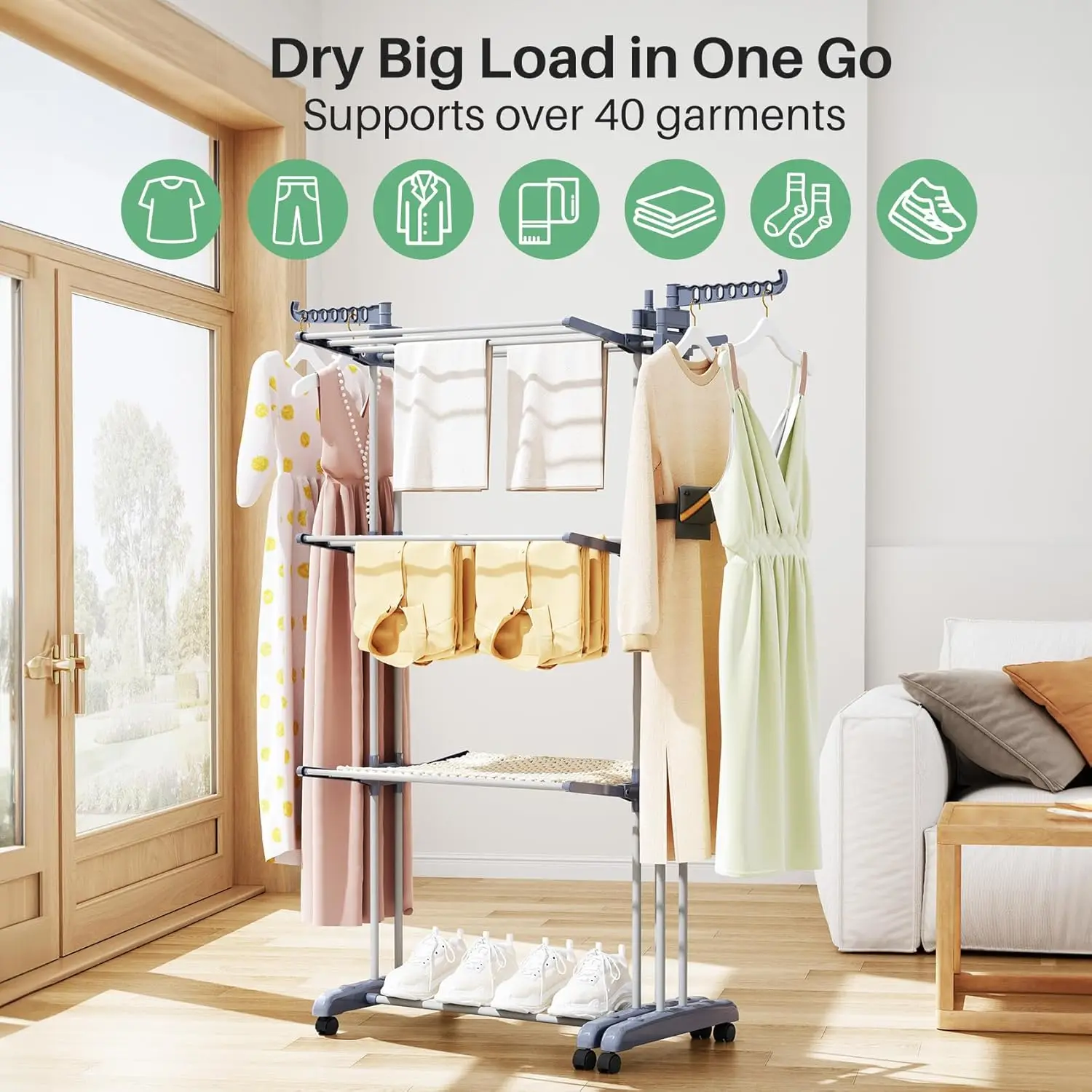Foldable Drying Rack Clothing 30.0"W to 59.0"W Extensible Laundry Racks for Drying Clothes Oversized 4-Tier Stainless Steel