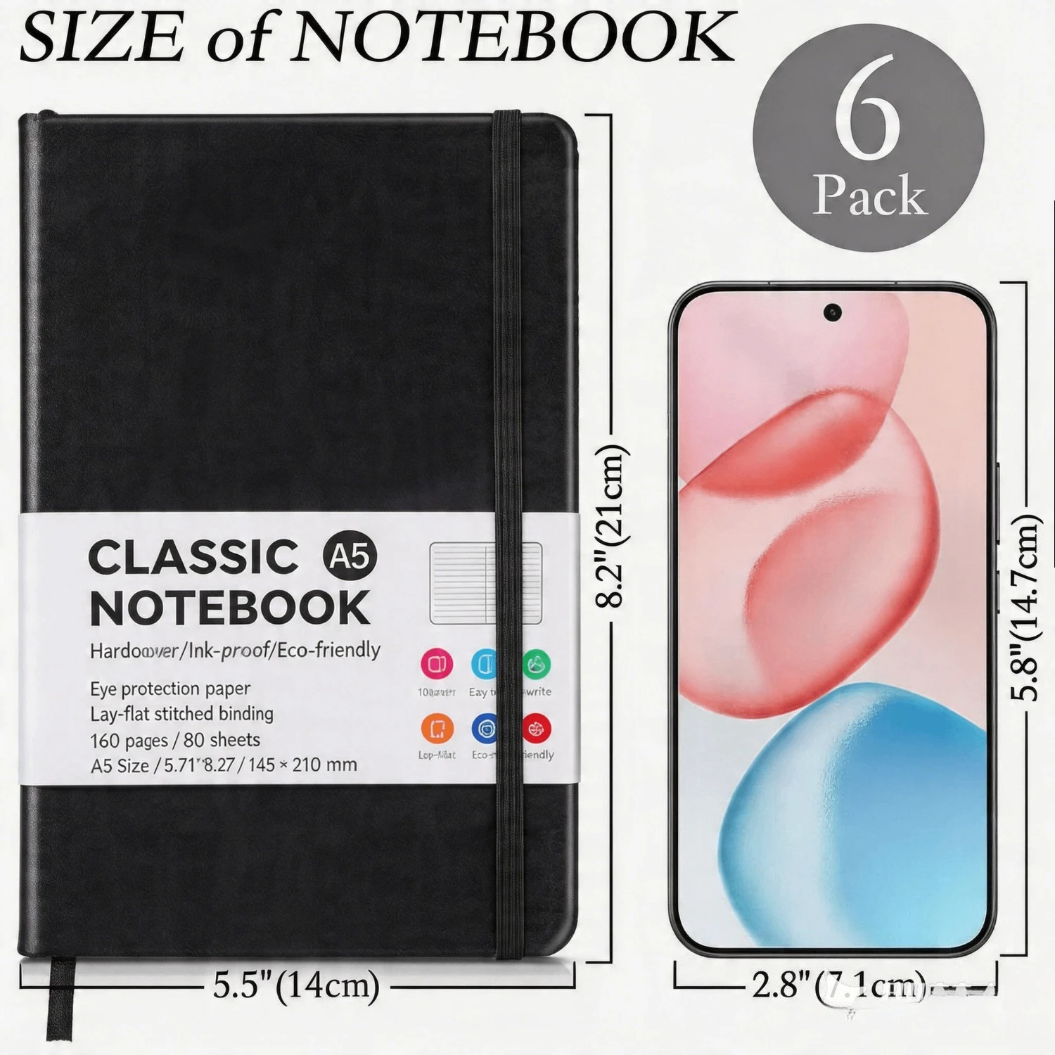 10 Pack A5 Hardcover Notebook, Black College Ruled Journal, 5.5