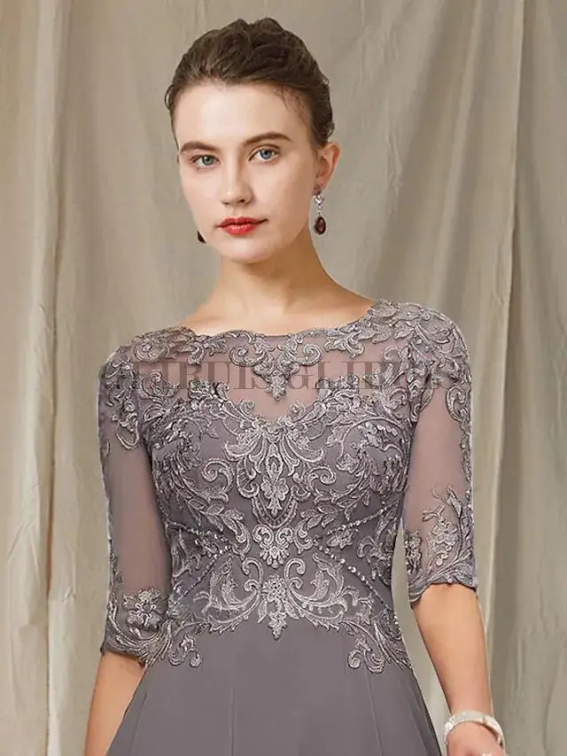 A-Line Mother of the Bride Dress Jewel Neck Asymmetrical Ankle Length Chiffon Lace Half Sleeve with Pleats Appliques