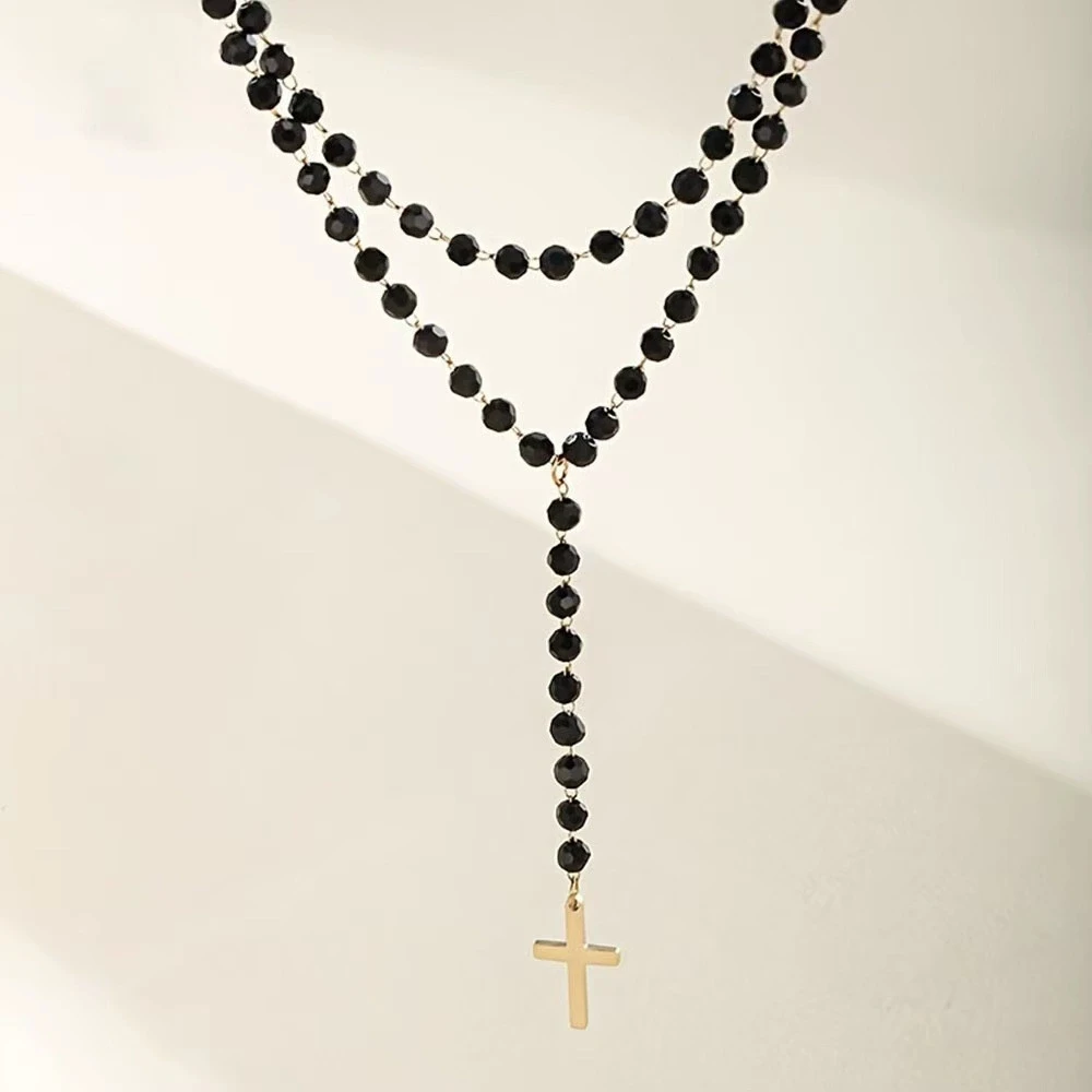 Gothic Vintage Kreuz-Anhänger Doppellagige Schwarze Acryl-Kristallperlen Choker-Halsketten für Frauen Charms Schmuck Accessoires Geschenk