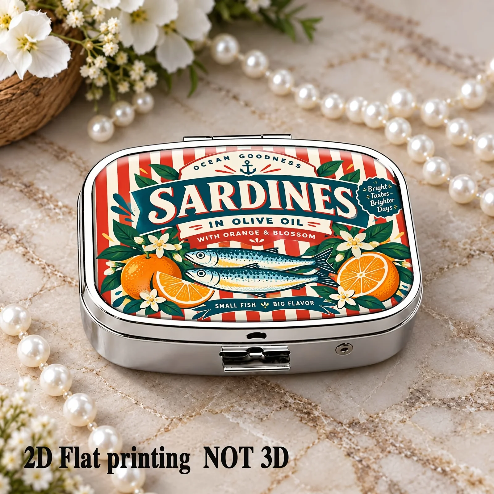 Orange Sardine Print Metal Pill Box Compact Medicine Case Travel 2 Compartment Pill Organizer Pocket Tablet Vitamin Storage Box