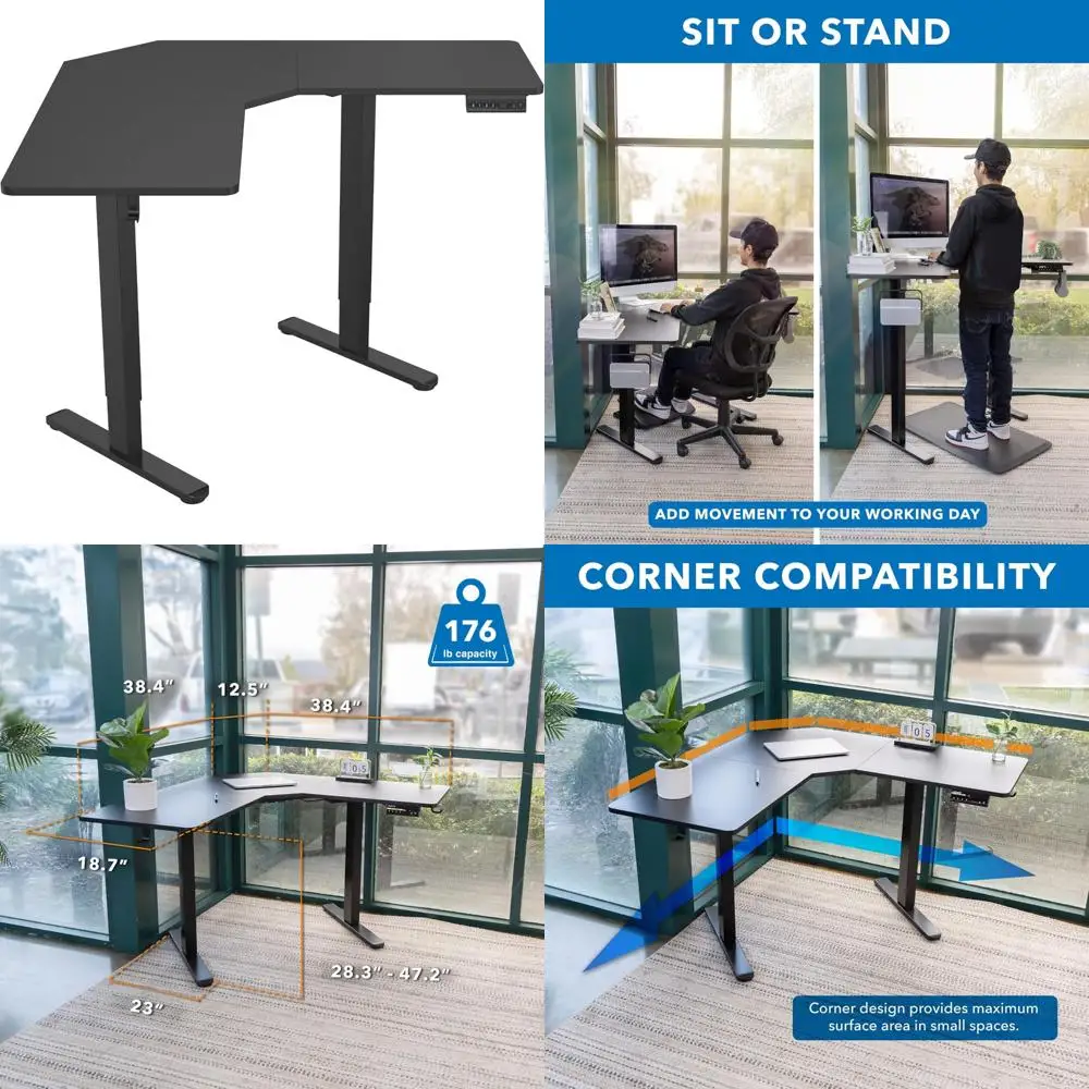 Meja Sudut Berbentuk L yang Dapat Disesuaikan Tingginya dengan Listrik, Rangka Baja Hitam, Workstation Berdiri untuk Ruang Sudut
