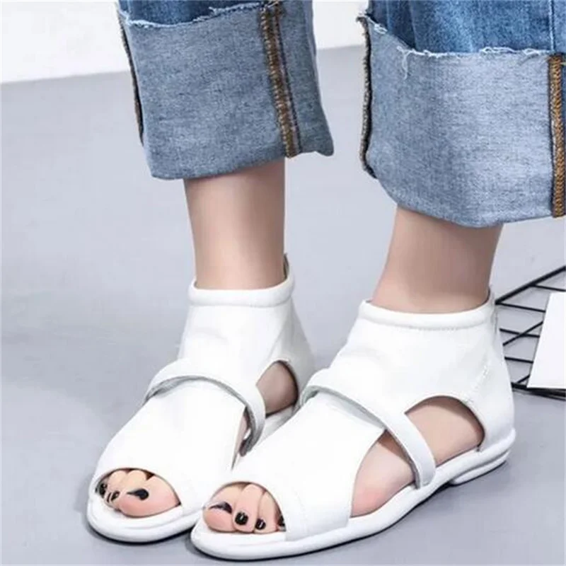 Hot 2024 New Fish Mouth Summer Cowhide Leather Sandals Flat Shoes Women Sandals Comfortable Soft Women Shoes Sandals Casual Shoe