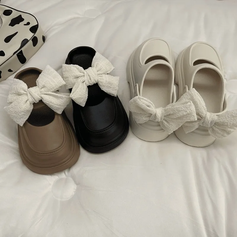 Cute Bow-wrapped Head Half Slippers Female Summer Wear 2024 New Double Wear Thick Bottom Hole Sandals