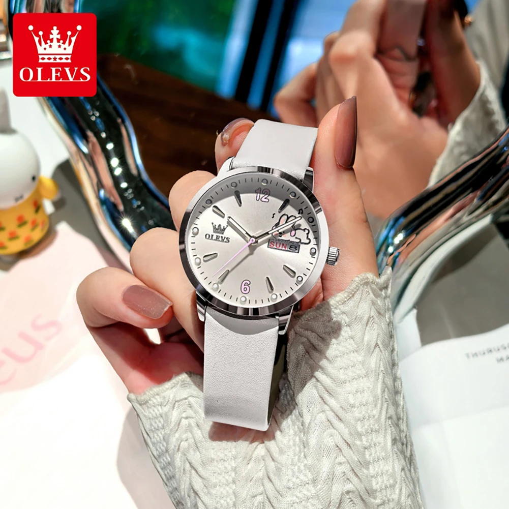 OLEVS 5700 Quartz Movement Watch Sweet Outfit Bunny Number Dial Week Display Calendar Window Leather Strap Watch For Women
