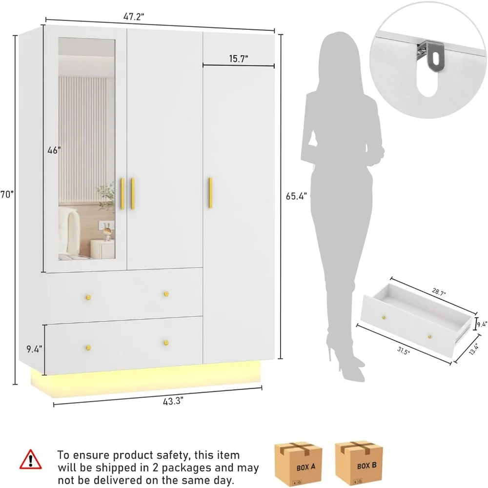 Wardrobe Closet 3 Doors Armoire Wardrobe Closet with Mirror Wooden Armoire Storage Cabinet with Hanging Rod