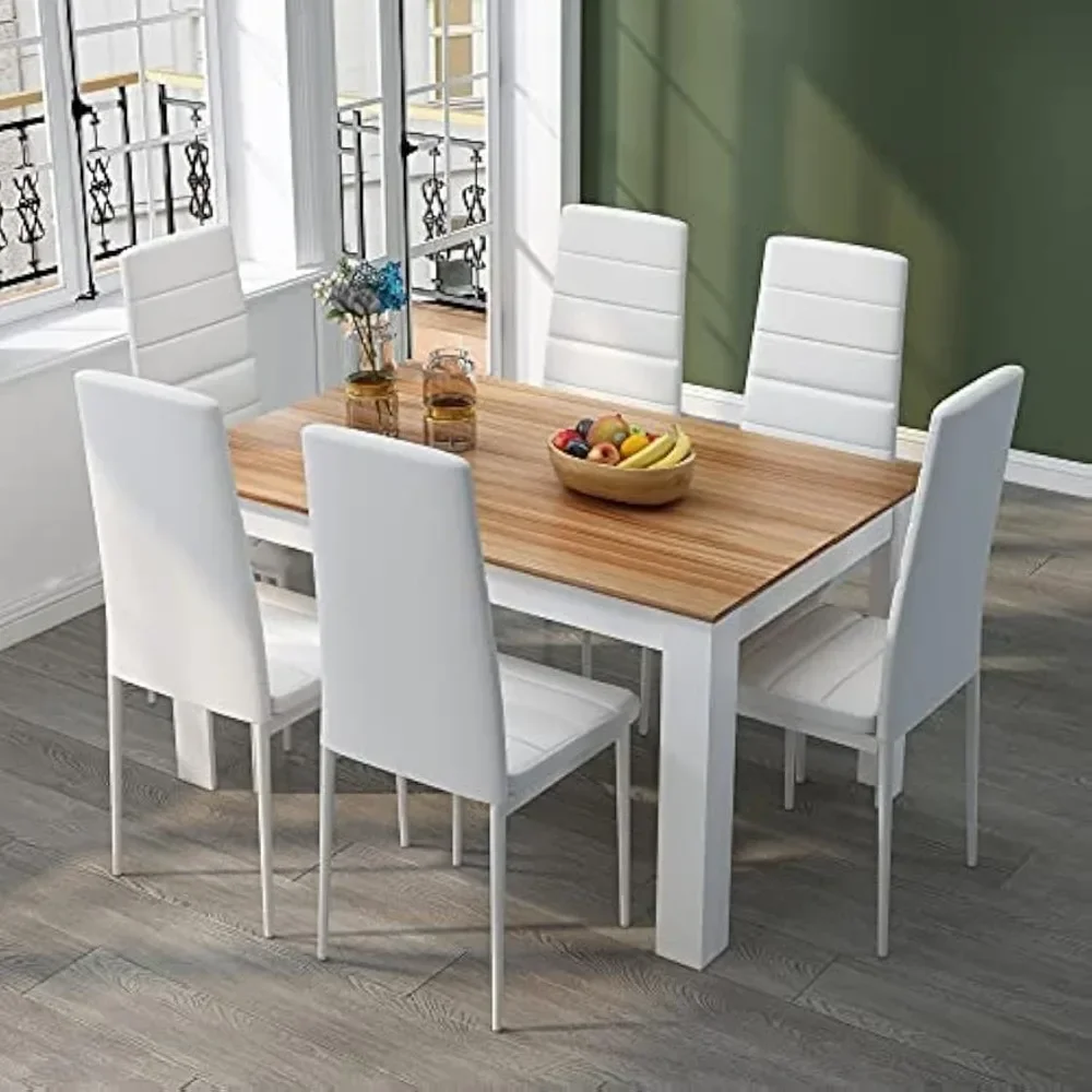 

Dining Table and Chairs Set 6 Pieces Kitchen Table Set with High Back Leather Chair for Dining Room Kitchen Rectangular Modern