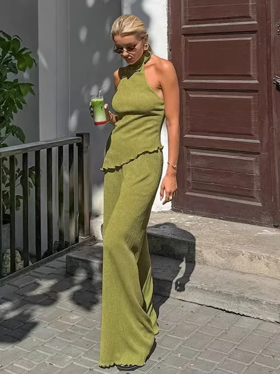 Conjunto de Top y pantalones Sexy para mujer, pantalones de pierna ancha, vestido de Neline con dobladillo doblado, traje de dos piezas redondo Ne