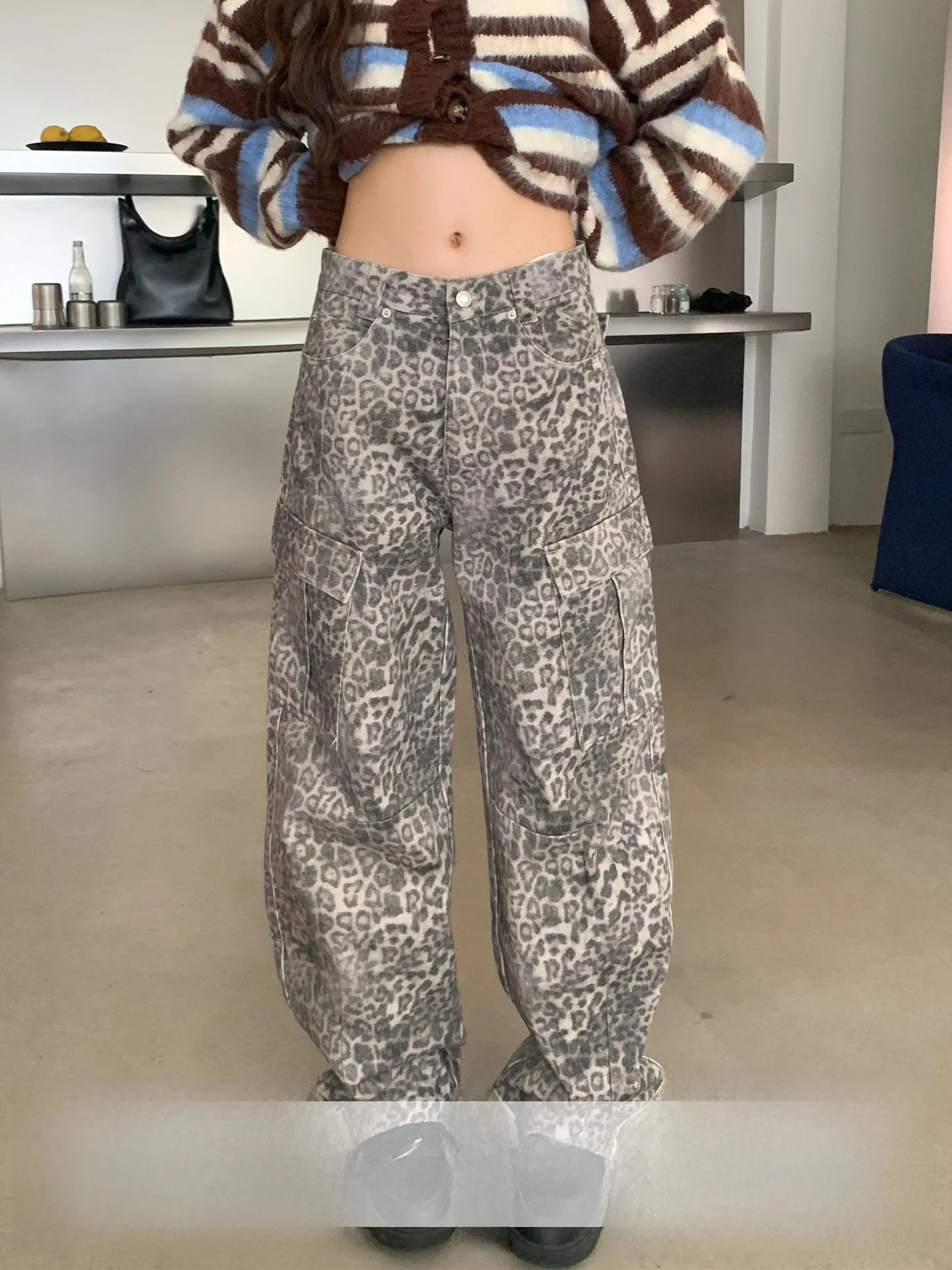 American Sle Orange Tree Leopard Print Denim Jeans Women's Casual Straight Leg Slimming Multi-ket Vintage Workwear