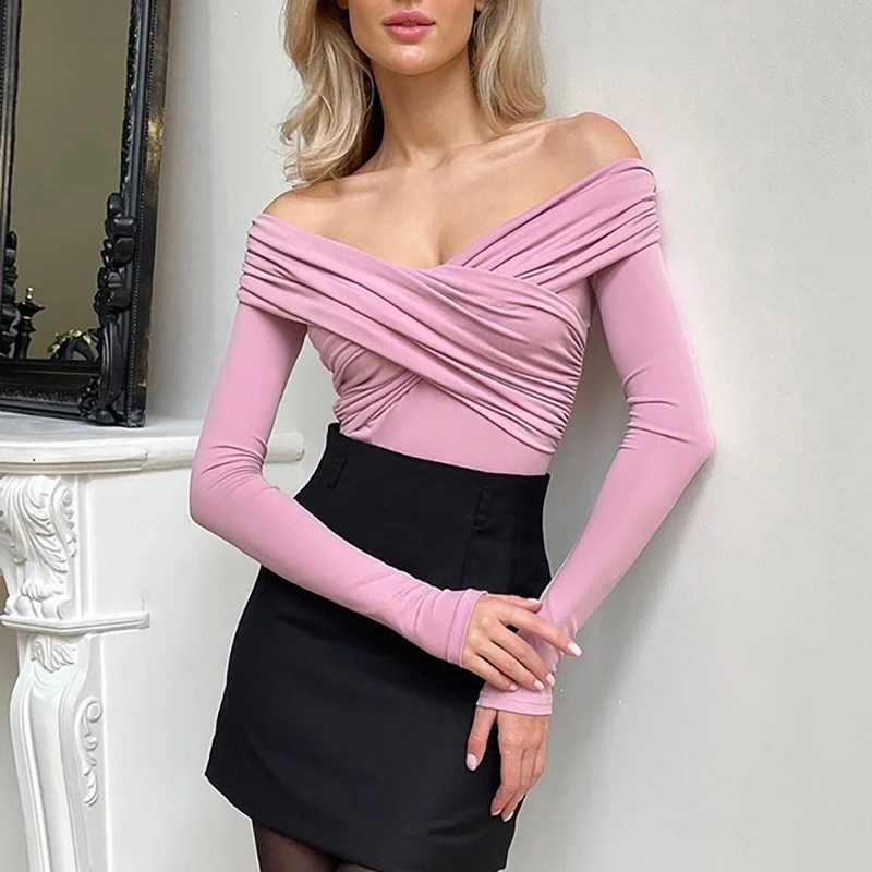 New Solid Sexy Body con spalle scoperte Moda donna Pieghe incrociate Pagliaccetti skinny Manica lunga Moda Streetwear Tute autunnali