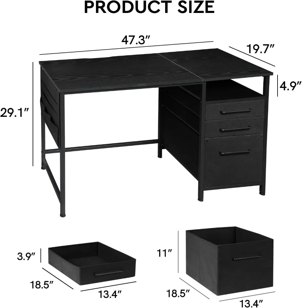 Maihail โต๊ะคอมพิวเตอร์พร้อมลิ้นชัก, โต๊ะคอมพิวเตอร์47นิ้วพร้อมชั้นวางโต๊ะเขียนหนังสือพร้อมที่เก็บของขนาดเล็กพร้อมกรอบโลหะสีดำ