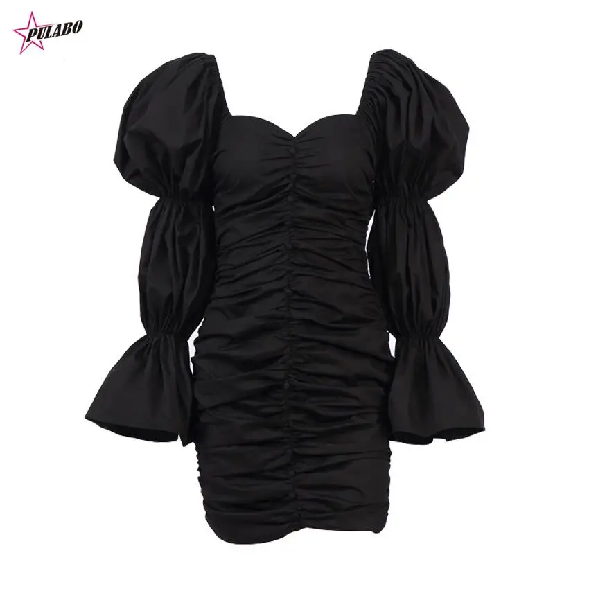 PULABO Black Puff Sleeve Chic Pencil Dress Woman Pleated Square Collar Sexy Short Dresses Elegant Party Slim Polyester Robe