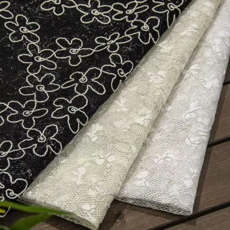 Embroidered Tulle Lace Trim Fabric Gold Round Floral Beaded Embroidery Sheer Soft Hanfu Dress Chinese Style DIY Sewing