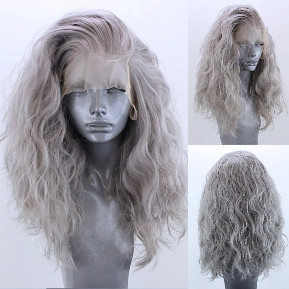 

Светло-серебристые свободные вьющиеся парики спереди для женщин 18 дюймов 13x4 свободная часть термостойкие натуральные волосы повседневная одежда косплей