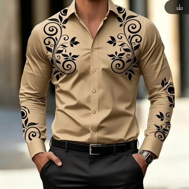 European American Trendy Mens Elegant Curly Vine Floral Pattern Long Sleeve Shirts Spring Autumn Soft Smooth Stretch Satin Fabri
