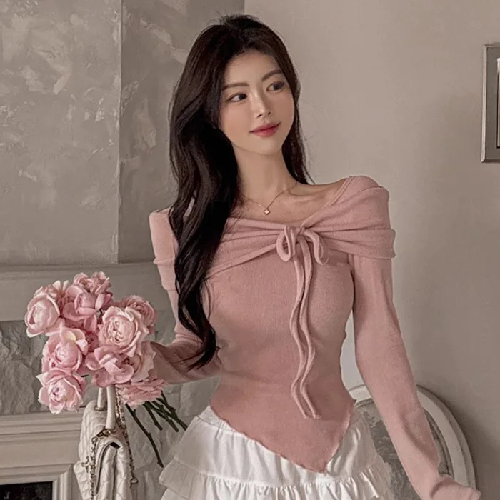 

Gentle Women's Soft oulder Bared Long Sve T-irt Slim Fit Knitted Modal Fiber Commute Sle Spring Season Regular Length