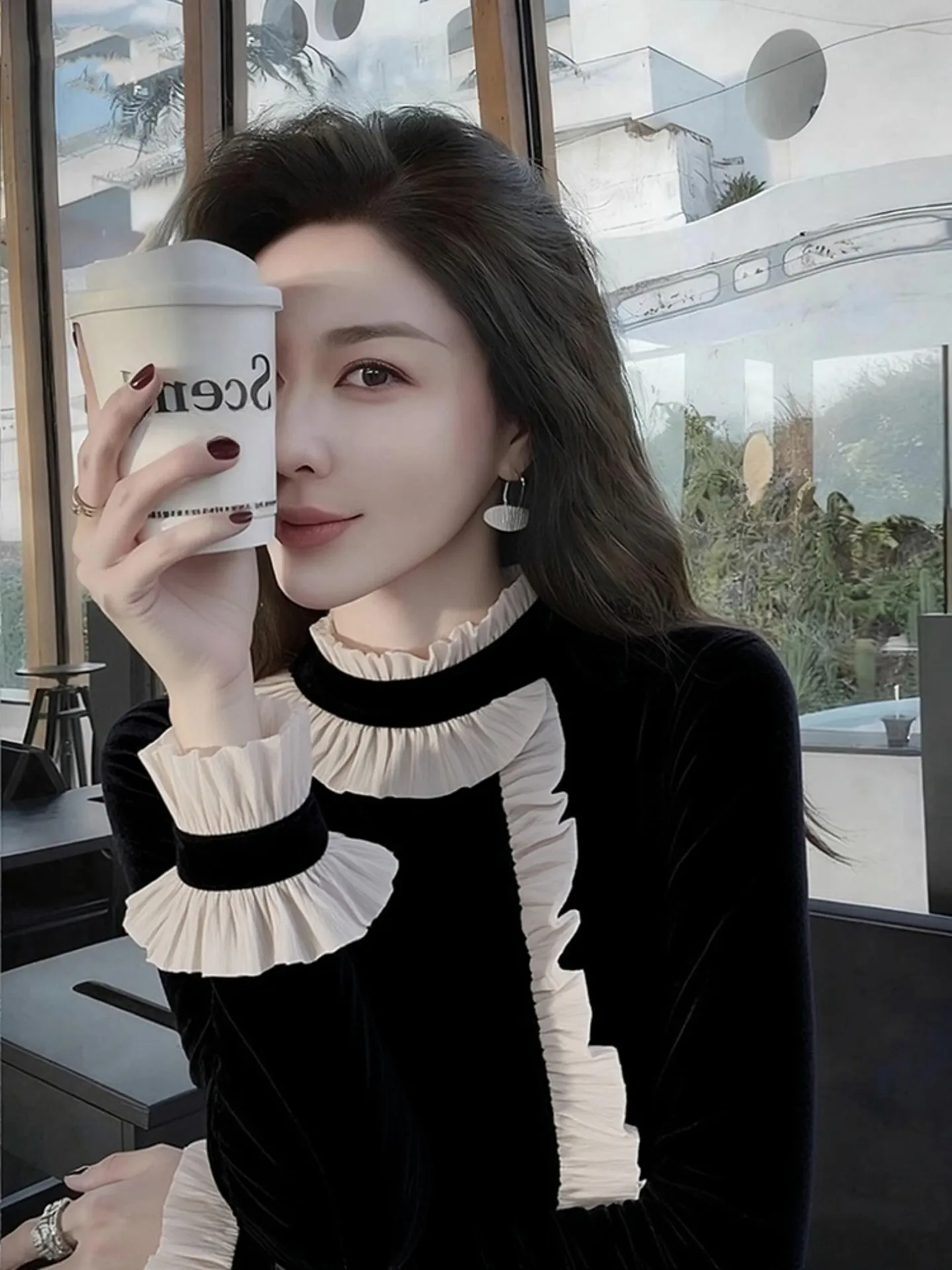 Elegant Black Velvet Shirt Half High Collar Lace Trim Fashionable Mysterious Ladylike Top for Autumn Winter Straight Cut Long...