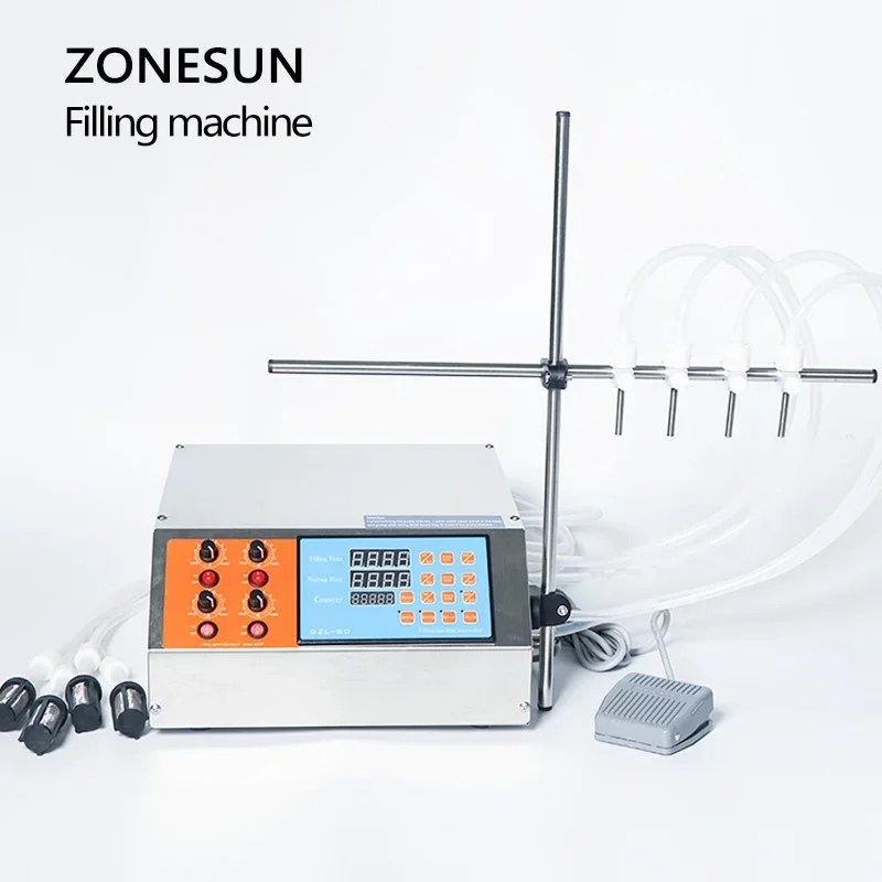 ZONESUN 4 فوهة الرأس آلة تعبئة السوائل العطور عصير الماء الضروري النفط الكهربائية مضخة التحكم الرقمي السائل حشو