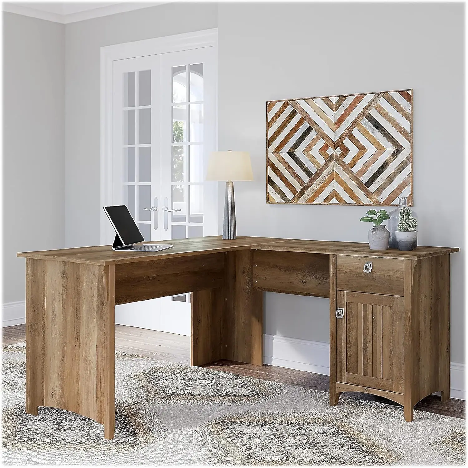 Furniture Salinas L-Shaped Desk with Storage | Study Table with Drawers & Cabinets | Home Office Computer Desk in Reclaimed Pine