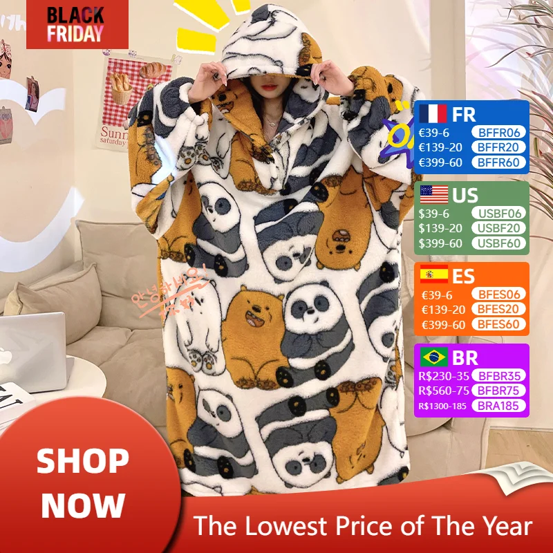 Winter Women Pajamas Night Dress Cartoon  Panda Print Women's  Loose Robes For Women Femme  Pijama Mujer Long Sleeve Hooded Suit